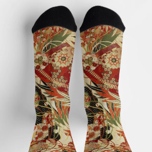 ANTIQUE JAPANSE BLOEMEN Rood Groen Zwart Bloemmoti Sokken