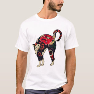 Antique Japanse Woodblock Print Cat with Flower T T-shirt