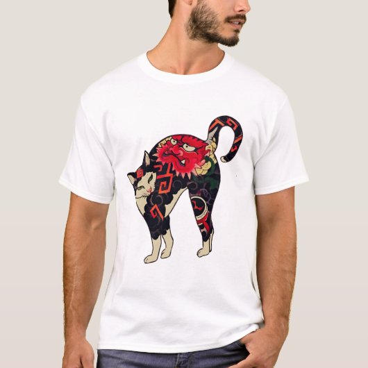 Antique Japanse Woodblock Print Cat with Flower T T-shirt (Voorkant)