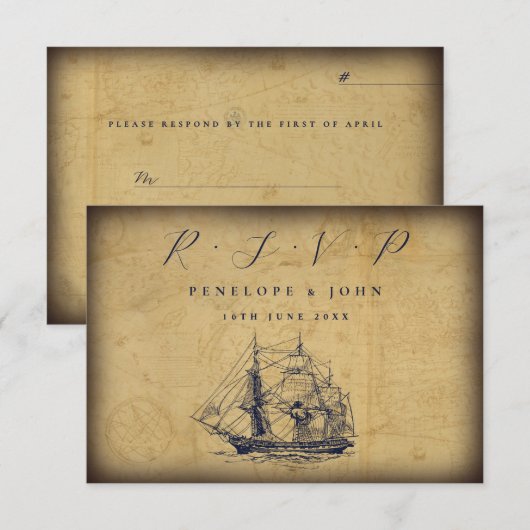 Antique Map Nautical Ship Illustration Wedding RSVP Kaartje (Voorkant / Achterkant)