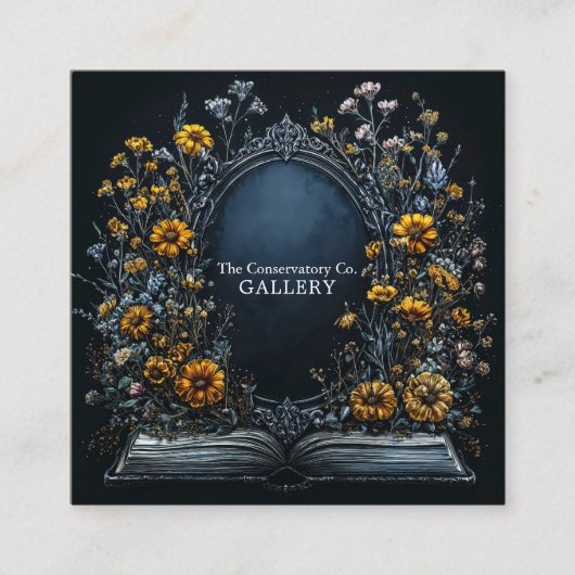 Antique Mirror Floral Open Book Dark Academia Vierkante Visitekaartje (Voorkant)