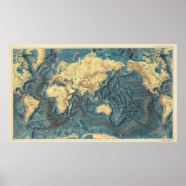 Antique Ocean Relief World Map: Yellow Continents  Poster