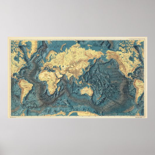 Antique Ocean Relief World Map: Yellow Continents  Poster (Voorkant)