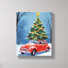 Antique Red Car Christmas Tree Canvas Afdruk