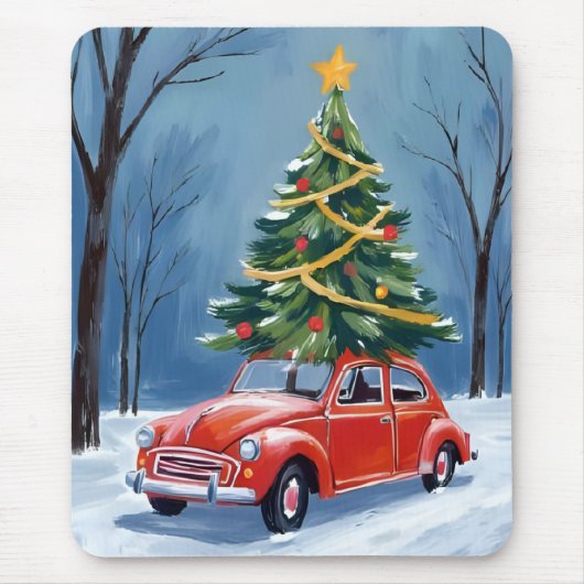Antique Red Car Christmas Tree Muismat (Voorkant)