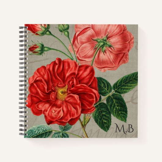 Antique Red Rose Art on Grey Monogram Notitieboek (Voorkant)