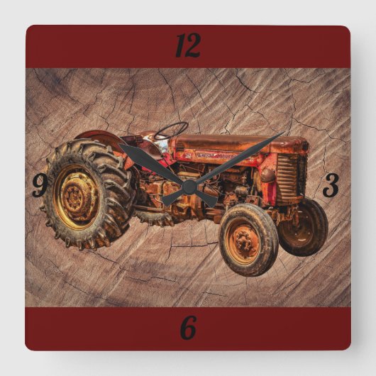 Antique Red Tractor Vierkante Klok (Voorkant)