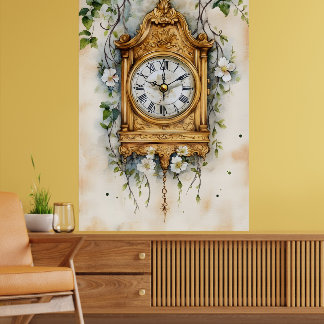 Antique Rococo-style clock, likely painted in wate Poster