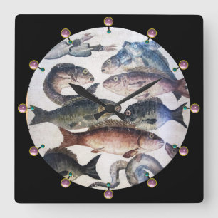 ANTIQUE ROMAN MOSAICS, FISHES,OCEAN SEA LIFE SCENE VIERKANTE KLOK