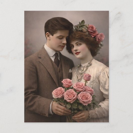 Antique Romantic Couple Postcard with Roses  Briefkaart (Voorkant)