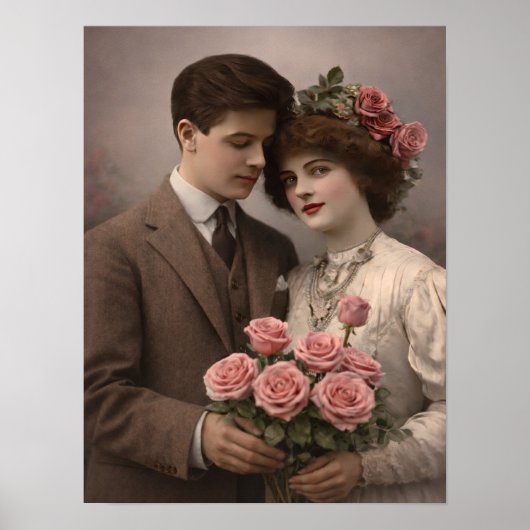 Antique Romantic Couple with Roses Poster (Voorkant)