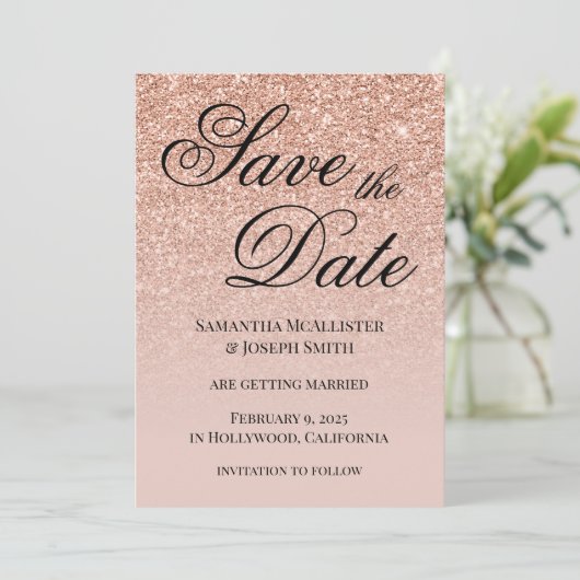 Antique Rose Gold Glitter Gradient Save The Date (Staand voorkant)