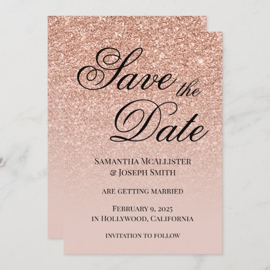 Antique Rose Gold Glitter Gradient Save The Date (Voorkant / Achterkant)