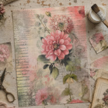 Antique Roze Bloemendecoupage, Ephemera, Handschri