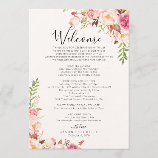 Antique Roze Trouwdag Itinerarium - Gasten Agenda Programmakaart (Voorkant)