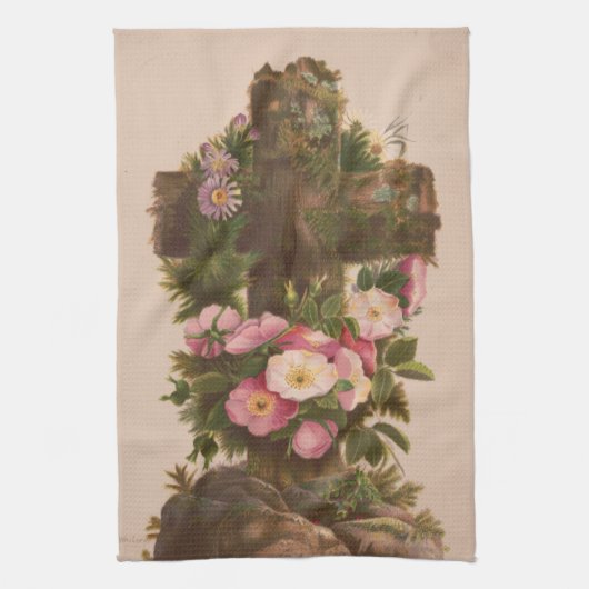 Antique Rustic Cross, Wild Roses, Easter Card, Theedoek (Verticaal)
