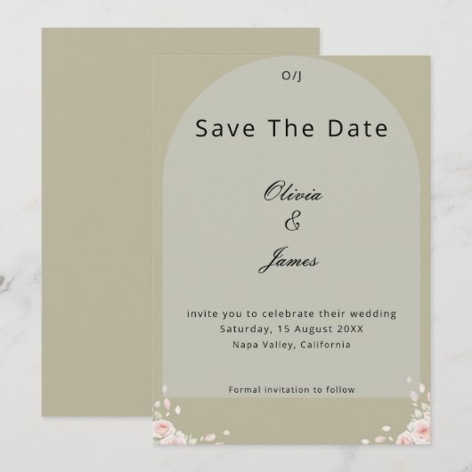 Antique Sage Green Whispered Petals Elegant Script Save The Date (Voorkant / Achterkant)