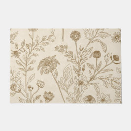 Antique Sepia Botanical Line Art Floral Pattern Deurmat