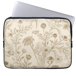 Antique Sepia Botanical Line Art Floral Pattern Laptop Sleeve