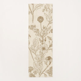 Antique Sepia Botanical Line Art Floral Pattern Yogamat