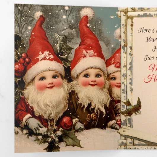 Antique-Style Merry Christmas Gnomes Drieluik Wenskaart (Binnenzijde eerst)