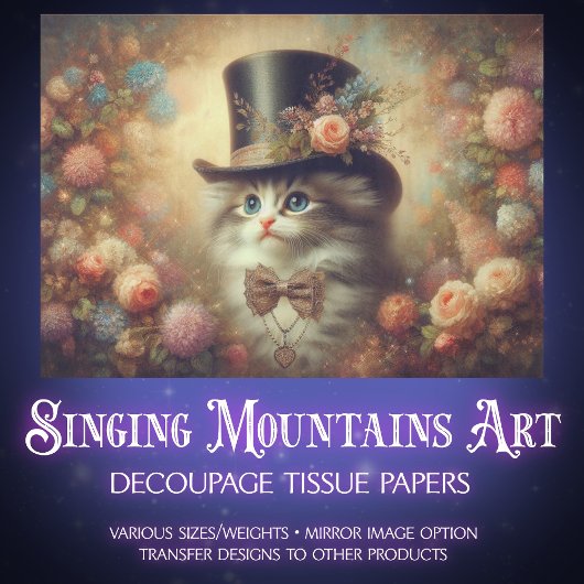 Antique Victorian Floral Cat Decoupage  Tissuepapier