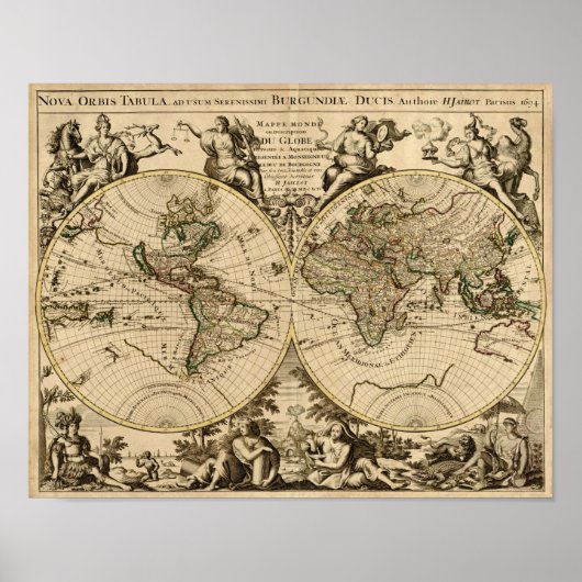Antique World Map, 1694, by Alexis Hubert Jaillot Poster (Voorkant)
