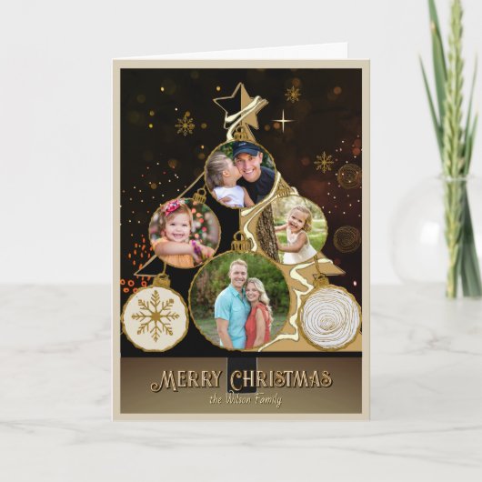 Antiqued Brown-Black & Gold 4-Photo Christmas Tree Feestdagen Kaart (Voorkant)