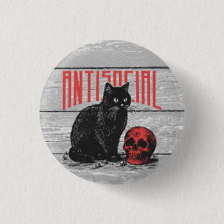 Antisociale kat en schedel ronde button 3,2 cm
