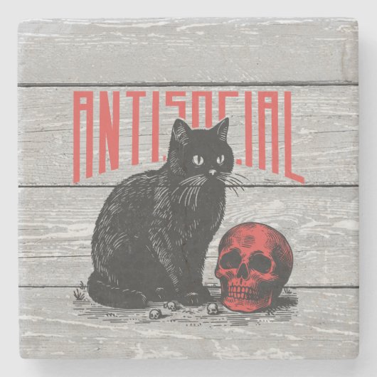 Antisociale kat en schedel stenen onderzetter (Voorkant)
