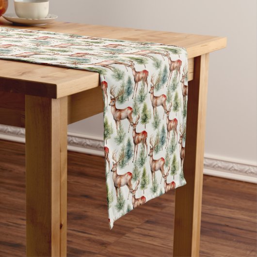 Antler Deer Green Forest Woodland Pattern Korte Tafelloper (Voorbeeld)
