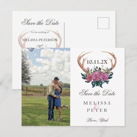 Antler herten rustieke chic save the date briefkaa aankondigingskaart (Voorkant / Achterkant)