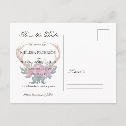 Antler herten rustieke chic save the date briefkaa aankondigingskaart (Achterkant)