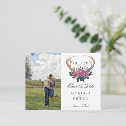 Antler herten rustieke chic save the date briefkaa aankondigingskaart (Staand voorkant)