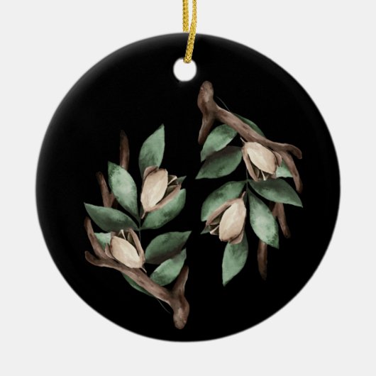 Antler met groene tak keramisch ornament (Voorkant)