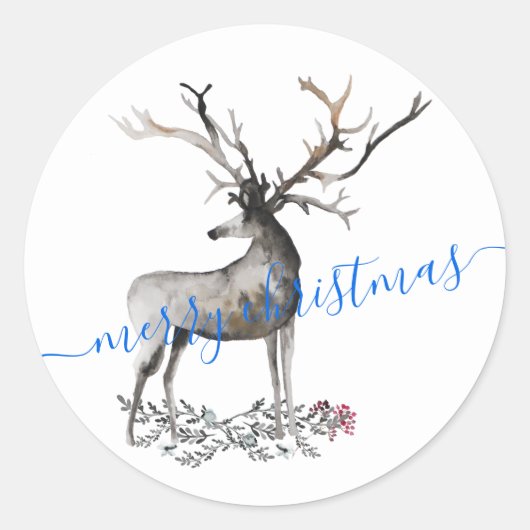 Antler Stag Reindeer Merry Kerstmis Ronde Sticker (Voorkant)
