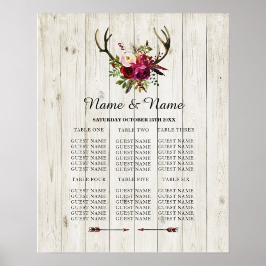 Antler Stag Table Wedding Floral Poster Seating (Voorkant)