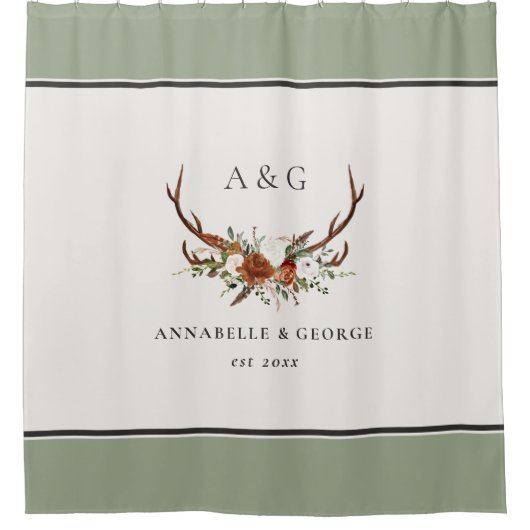 Antler terracotta sage green botanical floral douchegordijn (Voorkant)