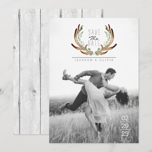 Antler & Vine Waterverf Sla de datumfoto op Save The Date (Voorkant / Achterkant)