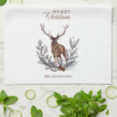 Antlered Deer Buck Wreath Merry Kerstmis Kitchen Theedoek (Gevouwen)