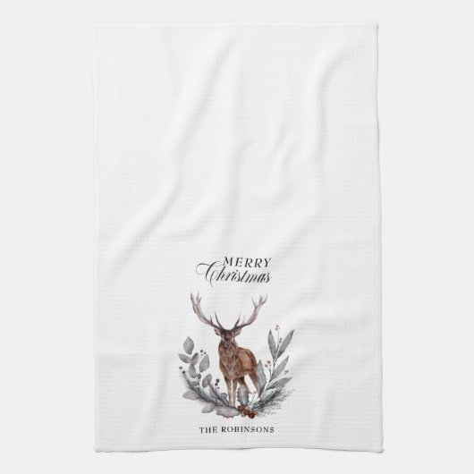 Antlered Deer Buck Wreath Merry Kerstmis Theedoek (Verticaal)