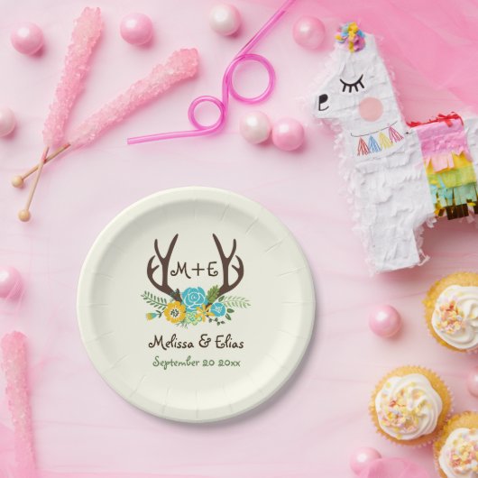 Antlers & aqua blauw, gele bloemen rustieke bruilo papieren bordje (Feest)