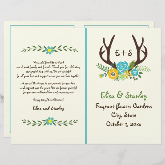 Antlers & aqua flower monogram bruiloft programma (Voorkant / Achterkant)