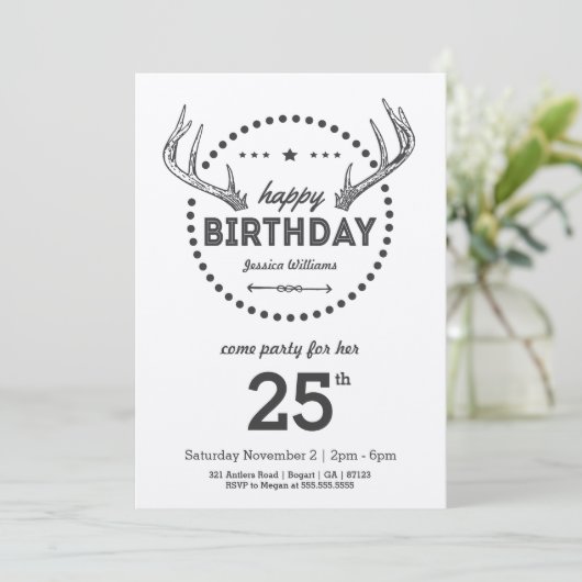 Antlers Birthday Retro geïnspireerde uitnodiging (Staand voorkant)