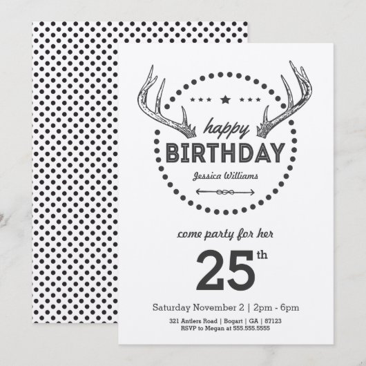 Antlers Birthday Retro geïnspireerde uitnodiging (Voorkant / Achterkant)