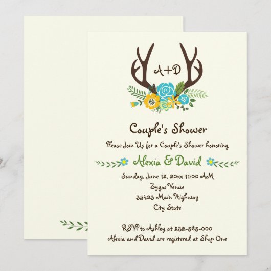 Antlers & bloemen monogram bruiloft koppels douche kaart (Voorkant / Achterkant)