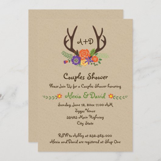 Antlers & bloemen monogram bruiloft koppels douche kaart (Voorkant / Achterkant)
