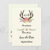 Antlers & bloemen monogram bruiloft Save the Date Aankondigingskaart (Voorkant / Achterkant)