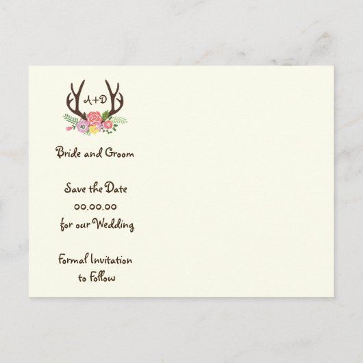 Antlers & bloemen monogram bruiloft Save the Date Aankondigingskaart (Achterkant)