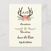 Antlers & bloemen monogram bruiloft Save the Date Aankondigingskaart (Voorkant)